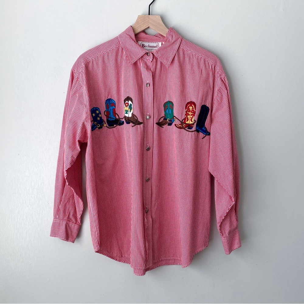 Vintage Embroidered Cowboy Boots Gingham Print Cotton Button Shirt